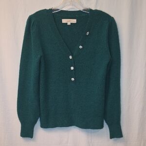 LOFT Deep Teal V-Neck Sweater with Floral Buttons